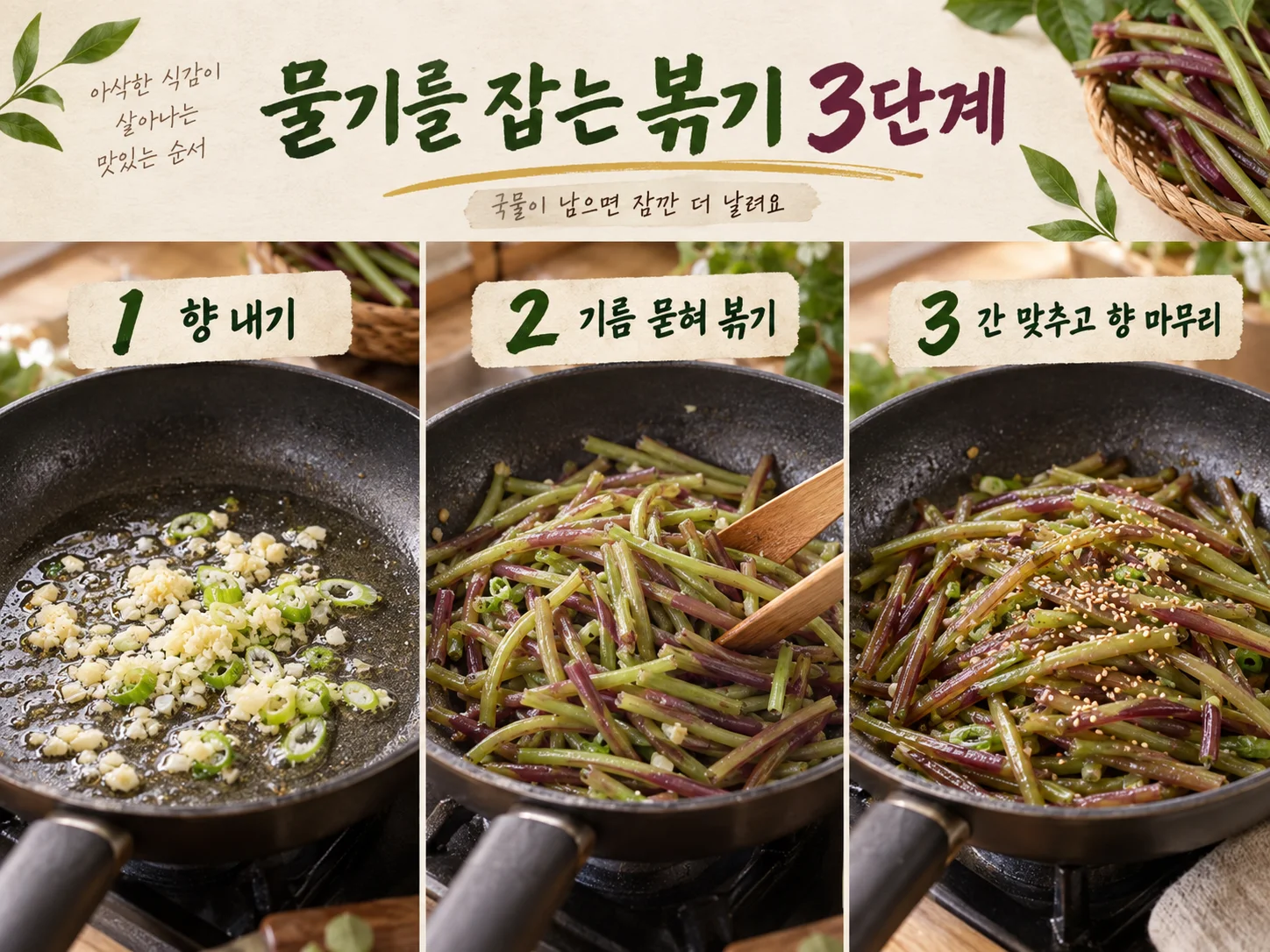 고구마줄기볶음 기름과 향채를 활용한 3단계 볶기