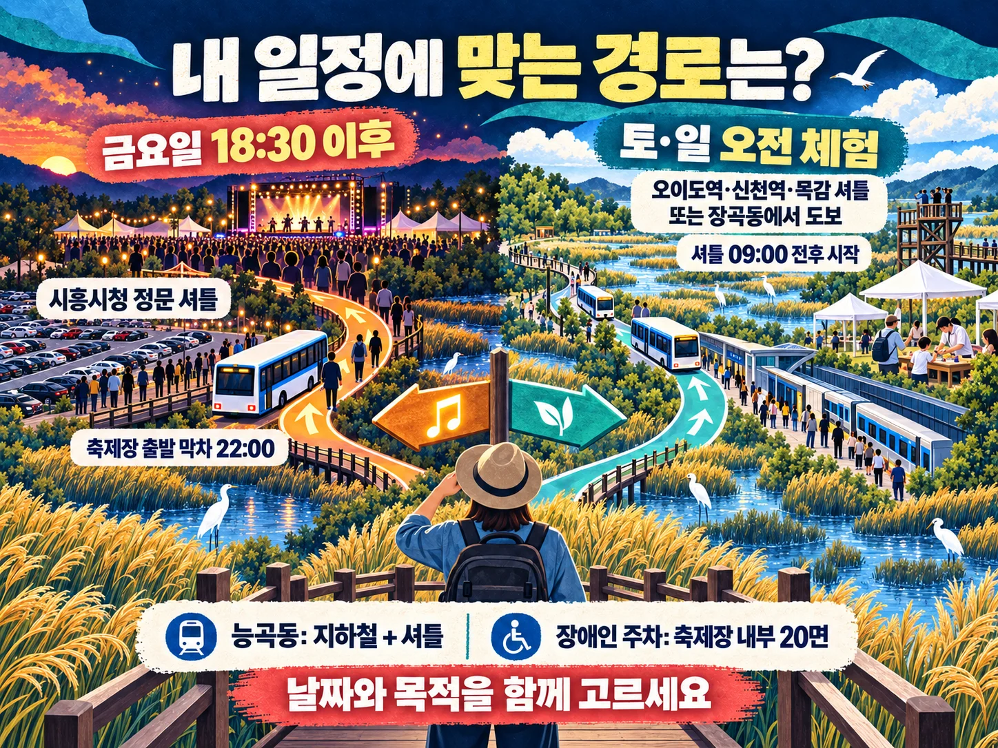 시흥갯골축제 금요일 저녁과 주말 낮 방문 동선 비교