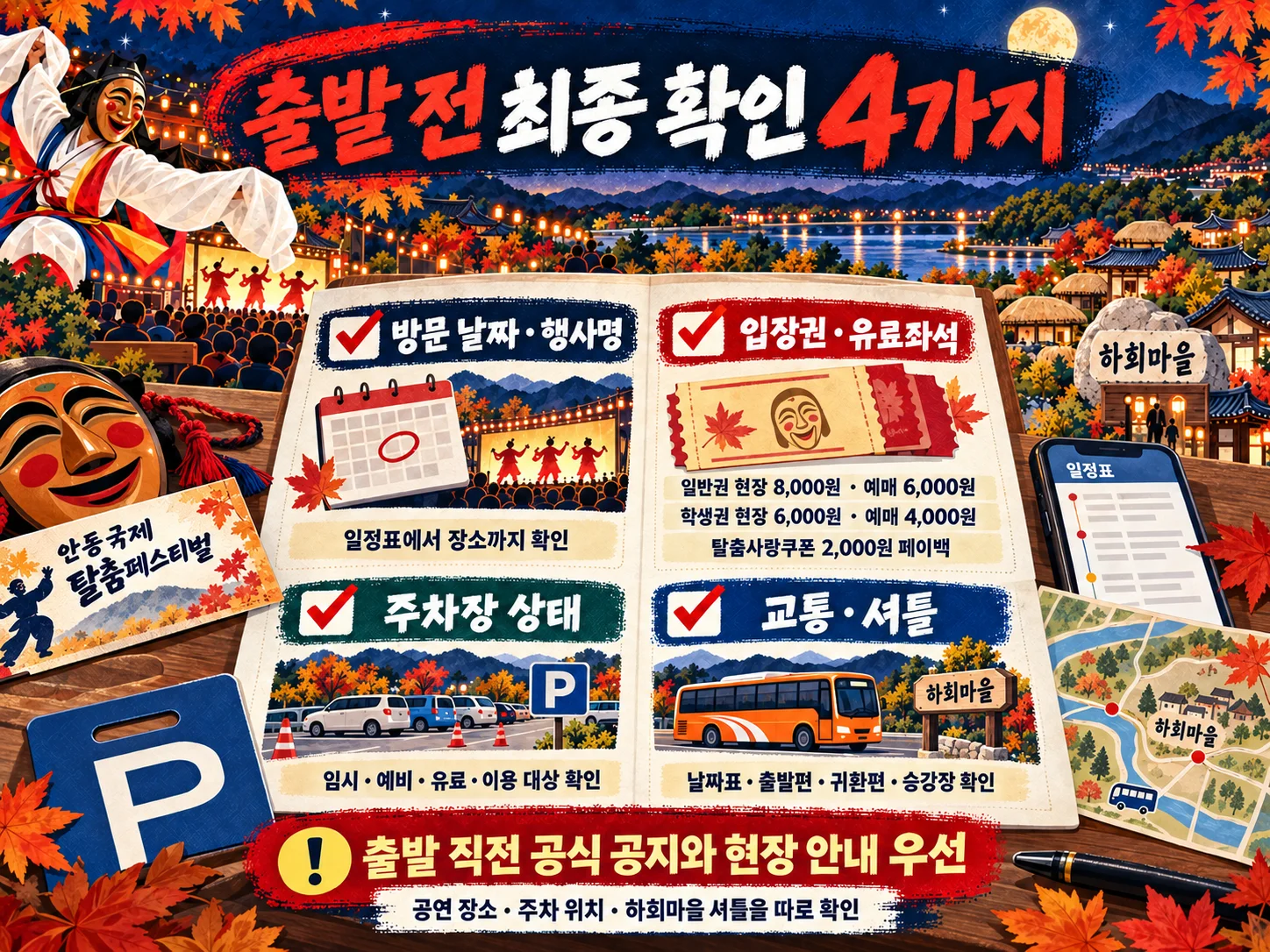 - 안동 탈춤축제 출발 전 공연·입장권·주차·교통 체크리스트