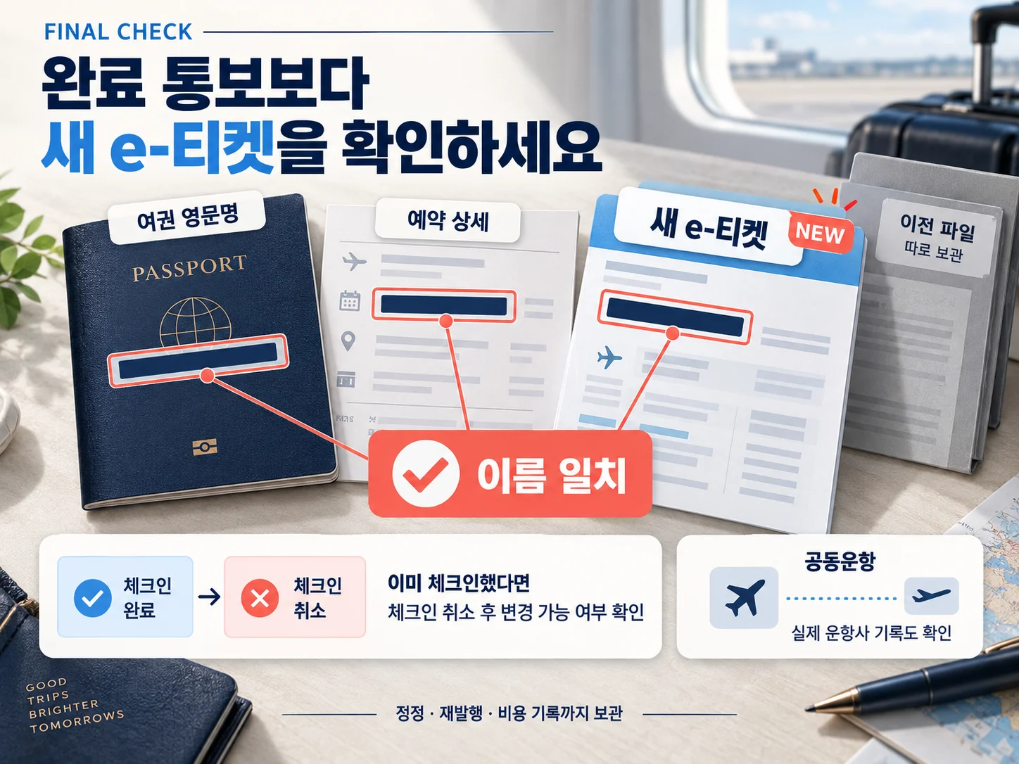 재발행 e-티켓과 여권 영문이름을 대조하는 확인 절차