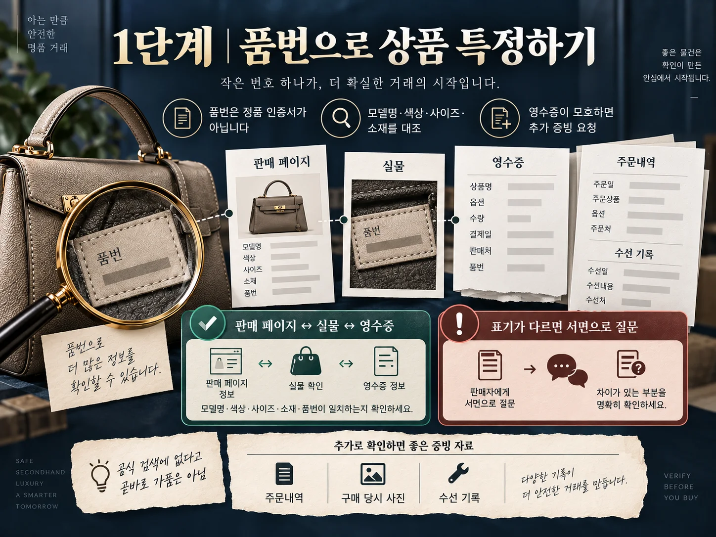 중고 명품 품번과 영수증으로 상품 정보를 대조하는 확인 과정