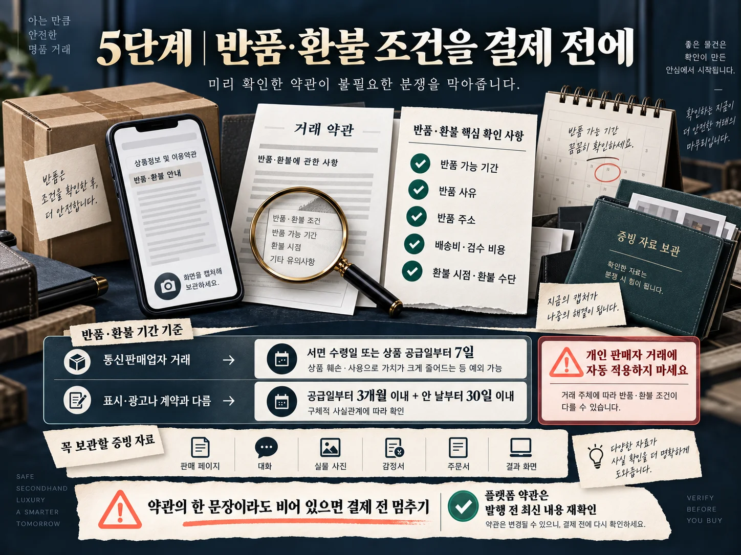 중고 명품 반품·환불 약관과 결제 전 증빙을 확인하는 체크 과정