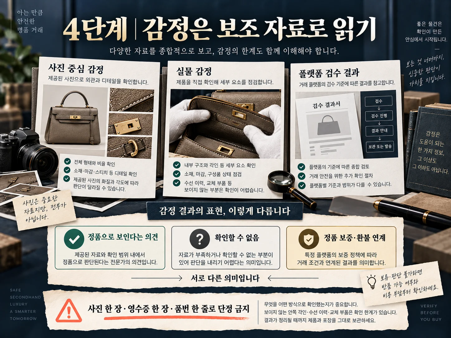 중고 명품 감정 결과와 정품 확인 자료의 한계를 검토하는 모습