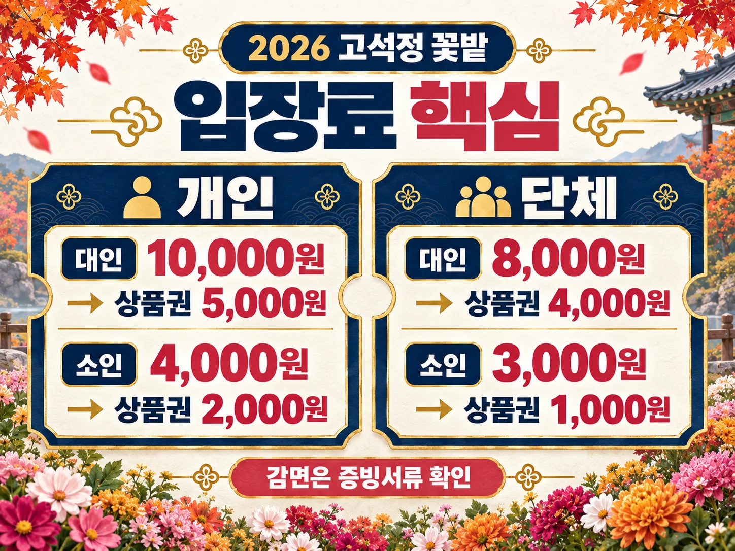 고석정 꽃밭 입장료와 상품권 교환액 안내