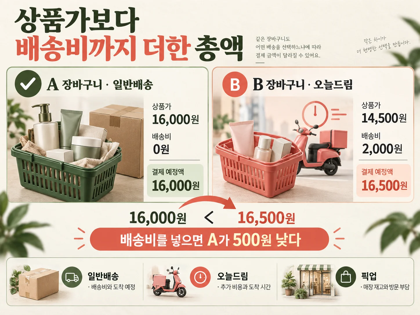 올리브영 일반배송과 오늘드림 배송비를 포함한 장바구니 비교