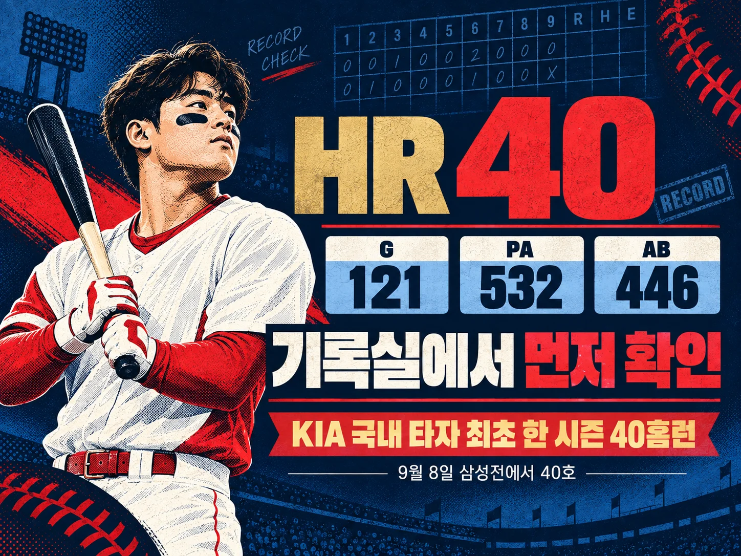 KBO 기록실의 김도영 40홈런과 121경기 기록 확인 이미지