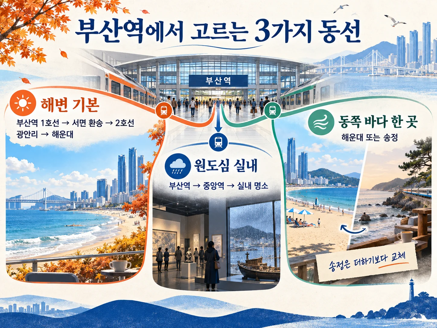 부산역 출발 해변·원도심 동선을 비교하는 부산 당일치기 이동 이미지