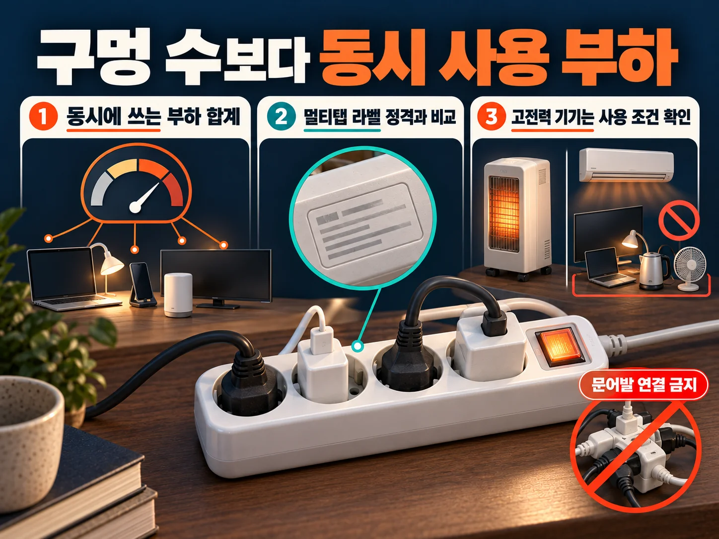 멀티탭 정격과 동시 사용 부하를 확인하는 안전 점검