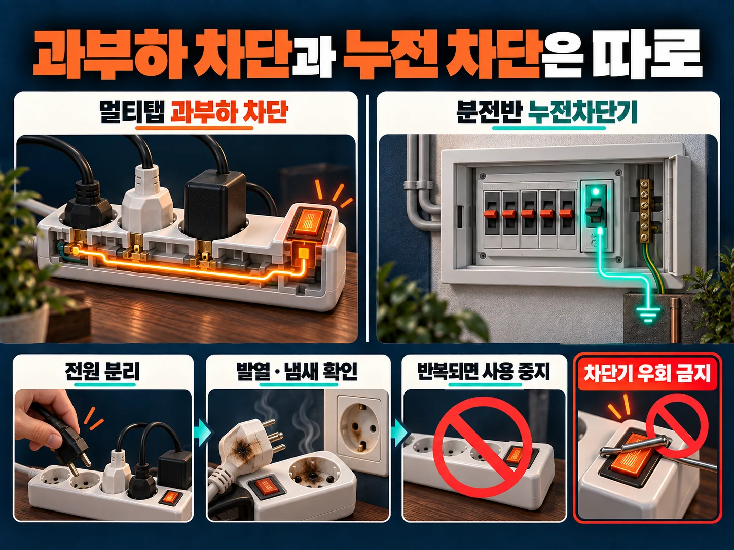 멀티탭 과부하 차단기와 누전차단기 작동 시 점검 항목