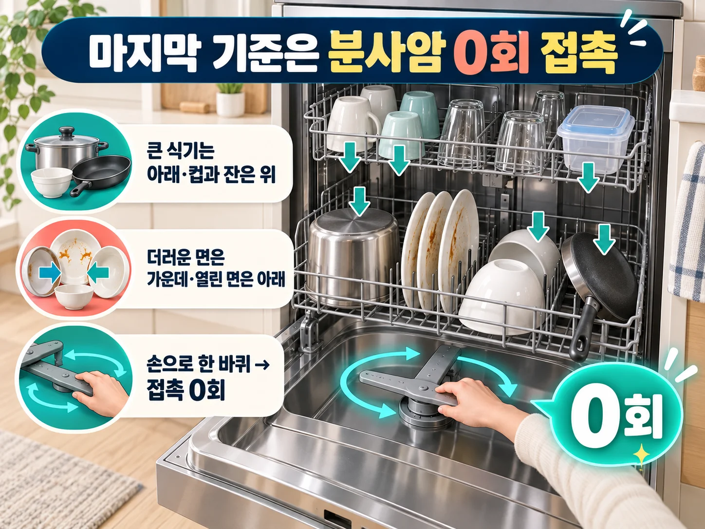 식기세척기 아래·위 선반 배치와 분사암 회전 확인
