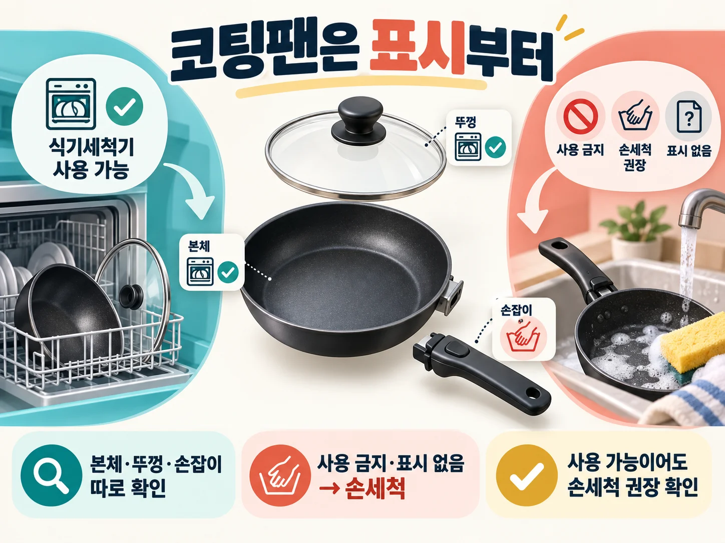식기세척기 사용 가능 표시를 확인하는 코팅팬 관리 기준