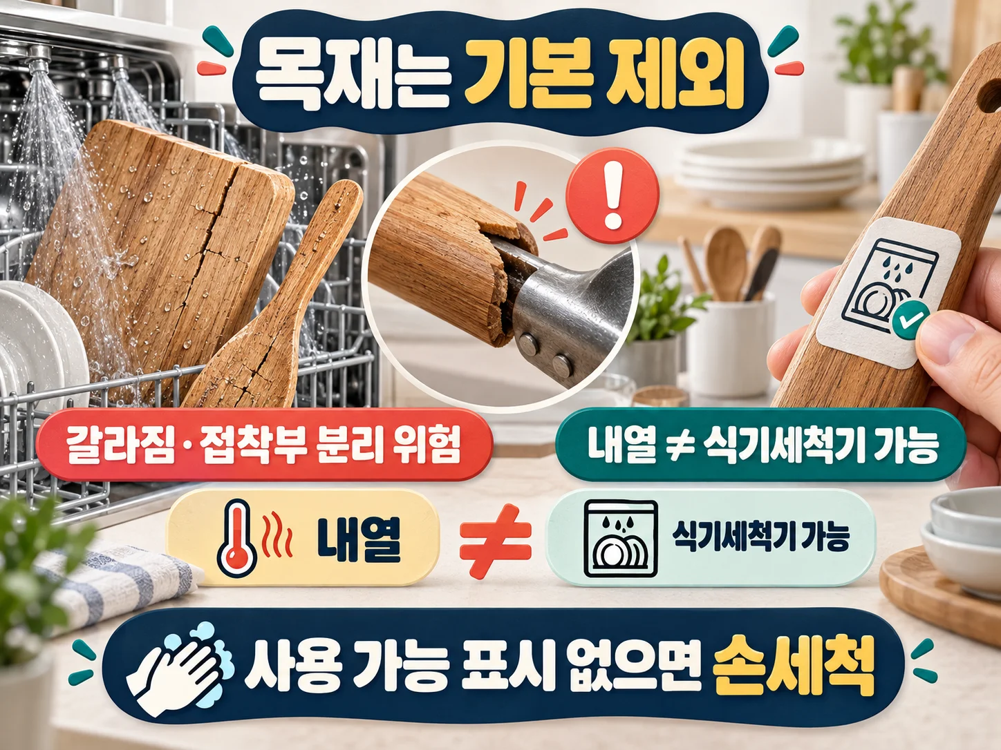 식기세척기에서 제외할 목재 식기와 나무 손잡이 도구