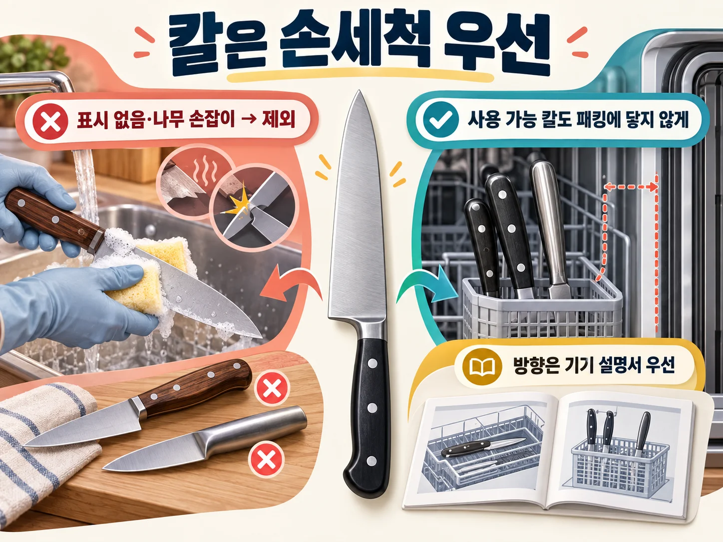 식기세척기 칼 배치 전 제조사 표시와 손잡이 방향 확인