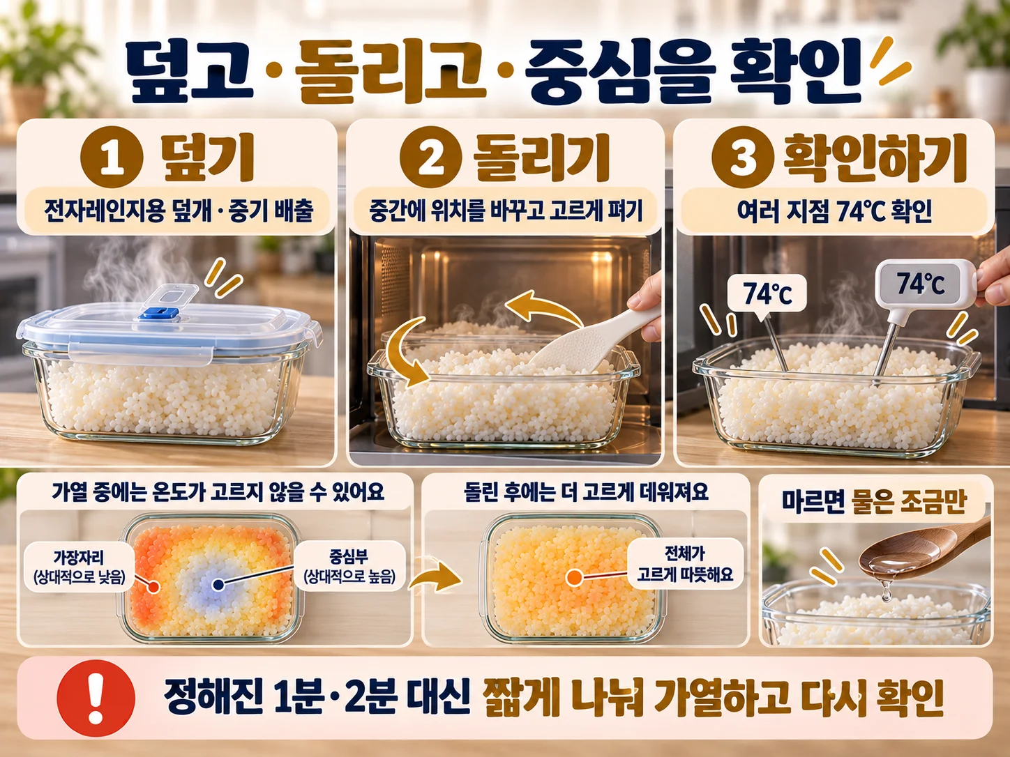 냉동밥 전자레인지 재가열 시 덮기와 중심 온도 확인