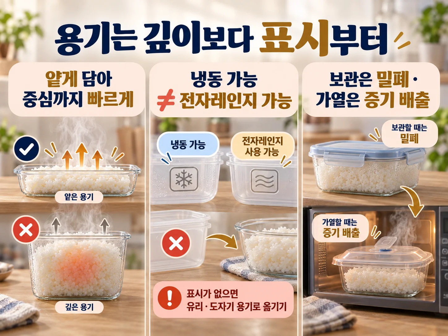 냉동밥 용기의 냉동 가능·전자레인지 사용 표시 확인