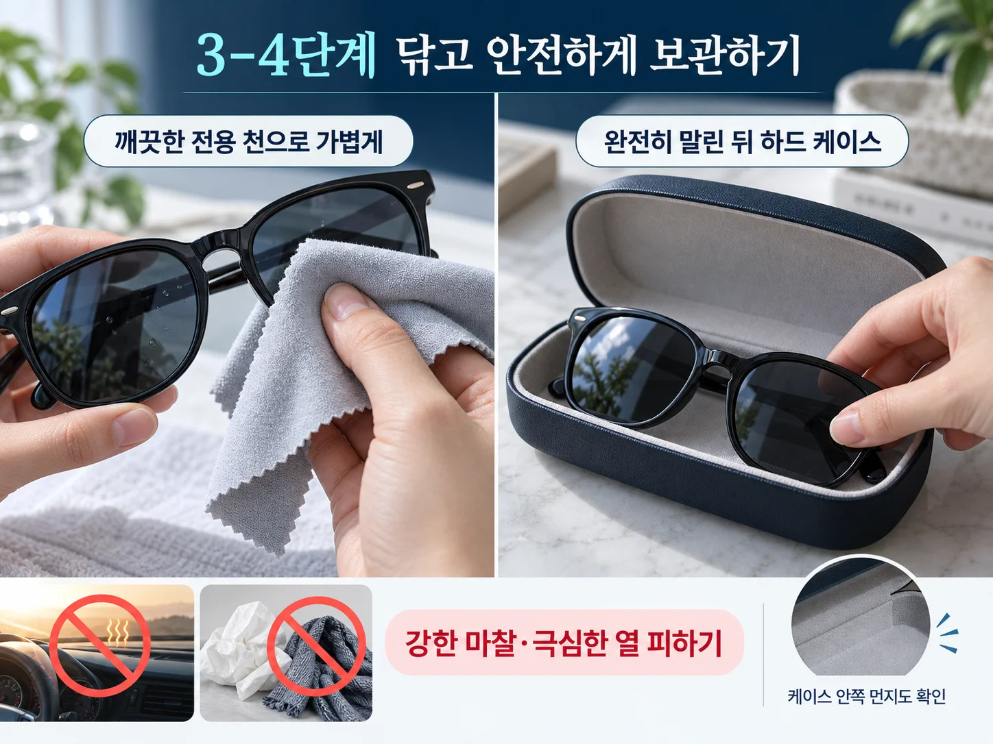 - 전용 천으로 렌즈 물기를 닦은 선글라스를 하드 케이스에 보관하는 모습