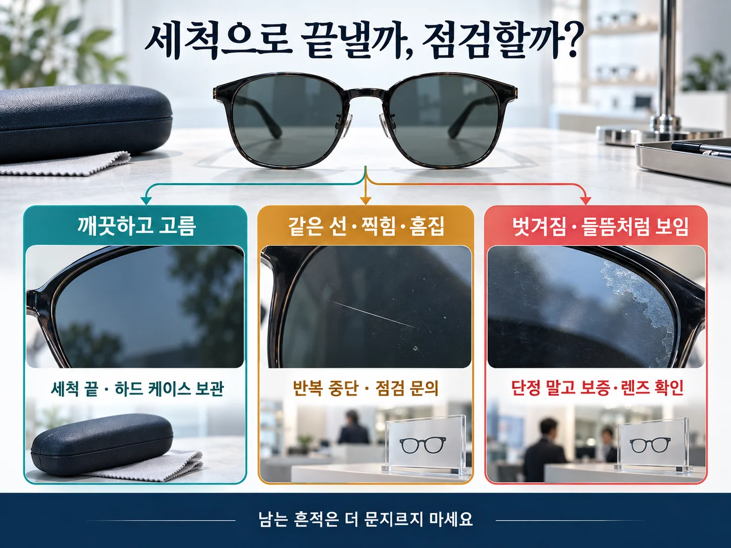 - 선글라스 렌즈 세척 후 흠집과 코팅 이상을 점검하는 기준