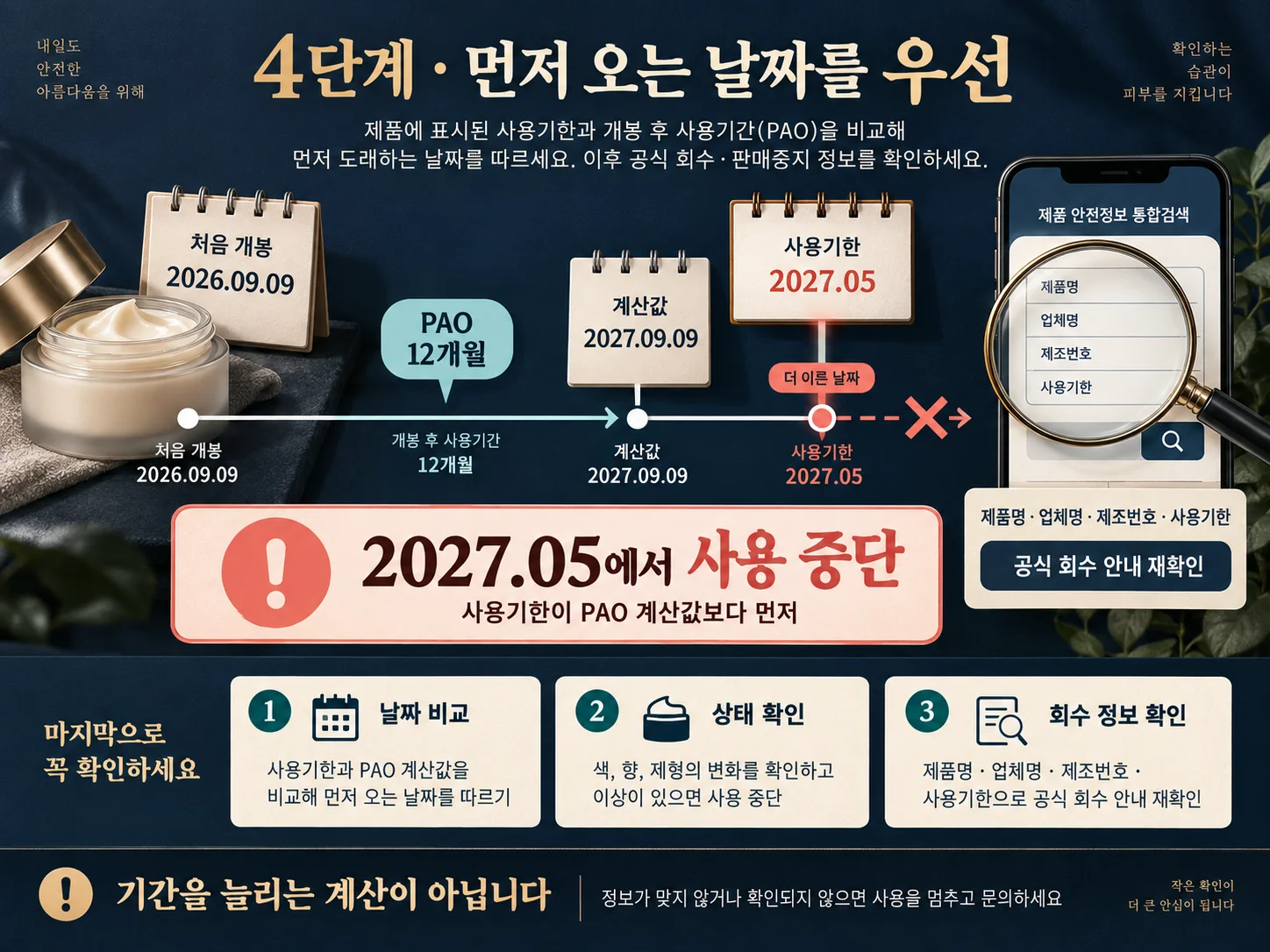 PAO와 사용기한 중 먼저 오는 날짜 및 화장품 회수 정보 확인