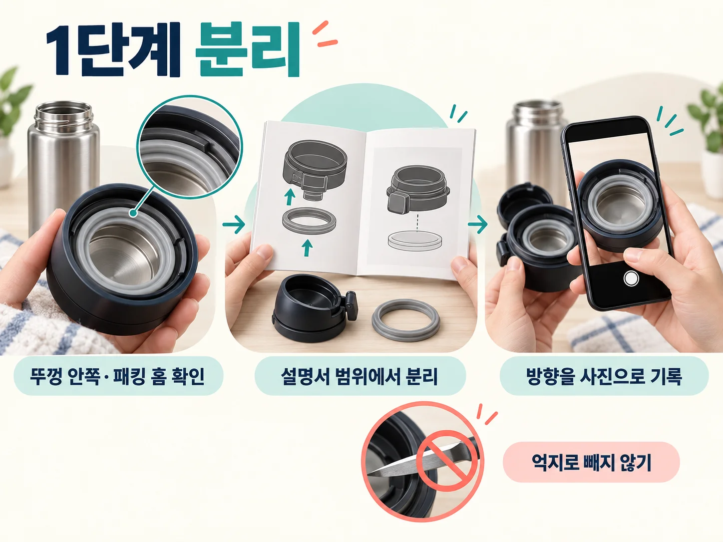 보온병 뚜껑 안쪽과 패킹 홈을 확인해 안전하게 분리하는 모습