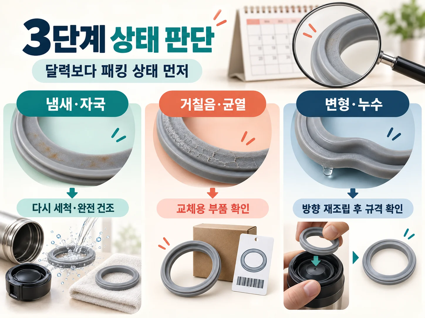 보온병 패킹의 거칠음과 변형을 보고 교체 여부를 확인하는 기준