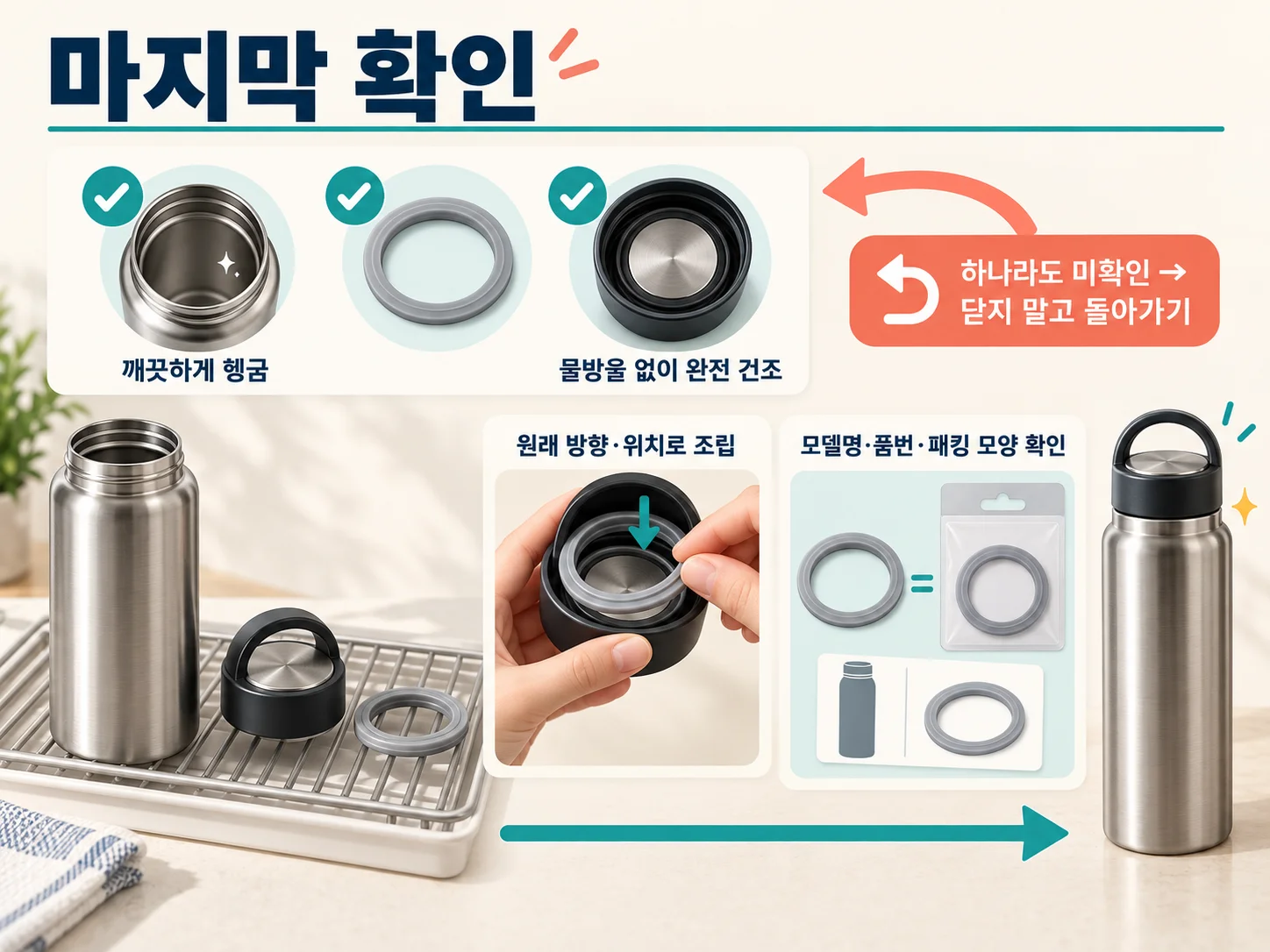 보온병 패킹을 완전 건조하고 재조립 전 점검하는 체크리스트