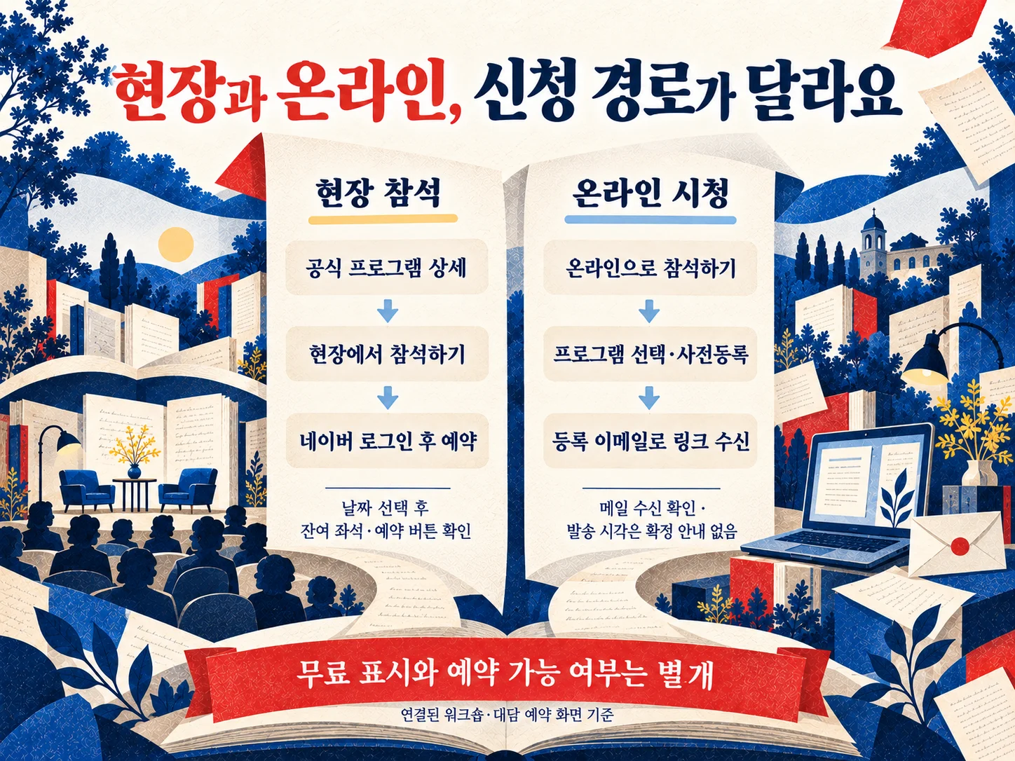 서울국제작가축제 현장 예약과 온라인 사전등록 경로를 안내하는 이미지.