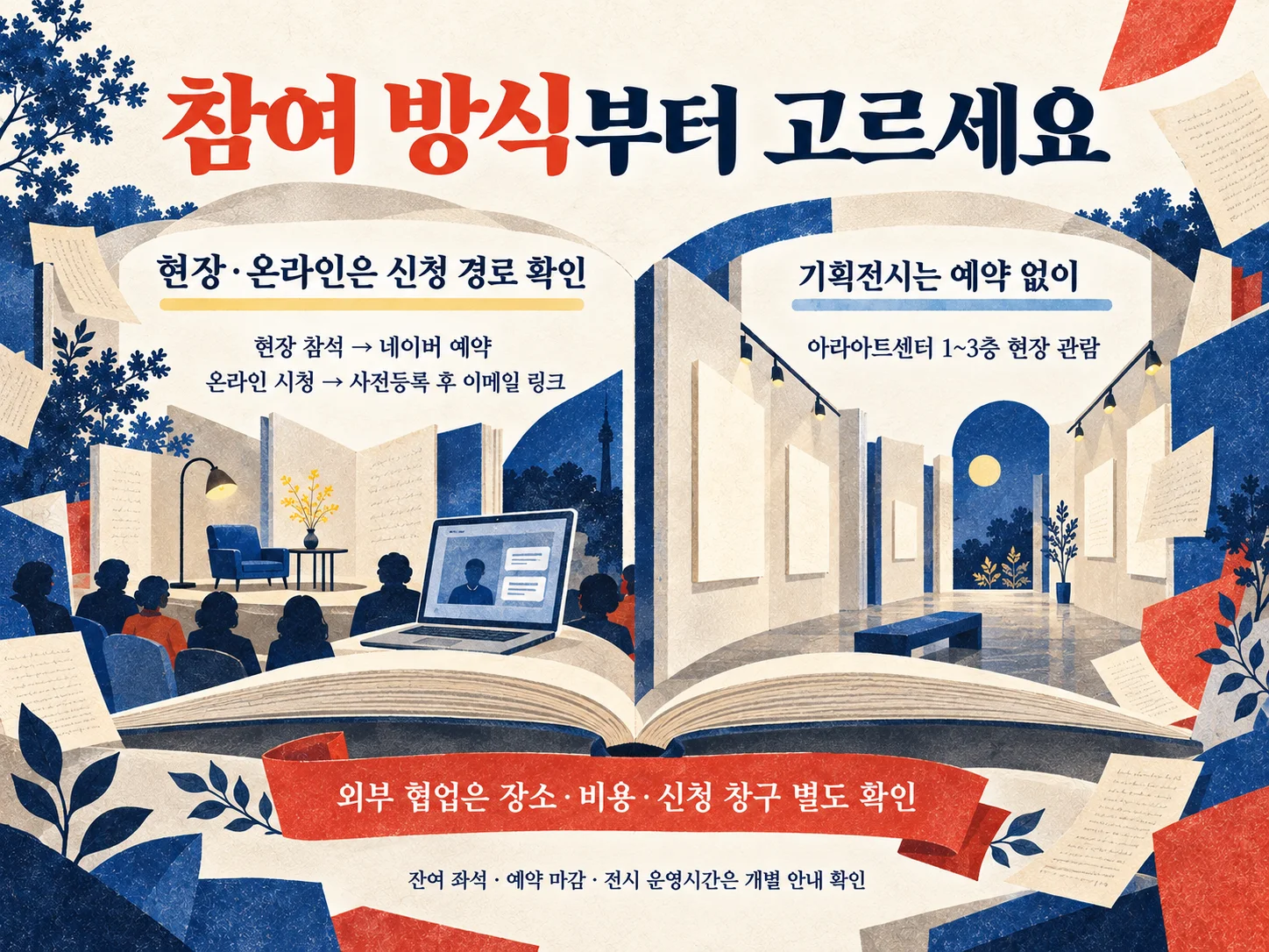 서울국제작가축제 현장·온라인·전시 참여 방식의 예약 차이를 정리한 이미지.