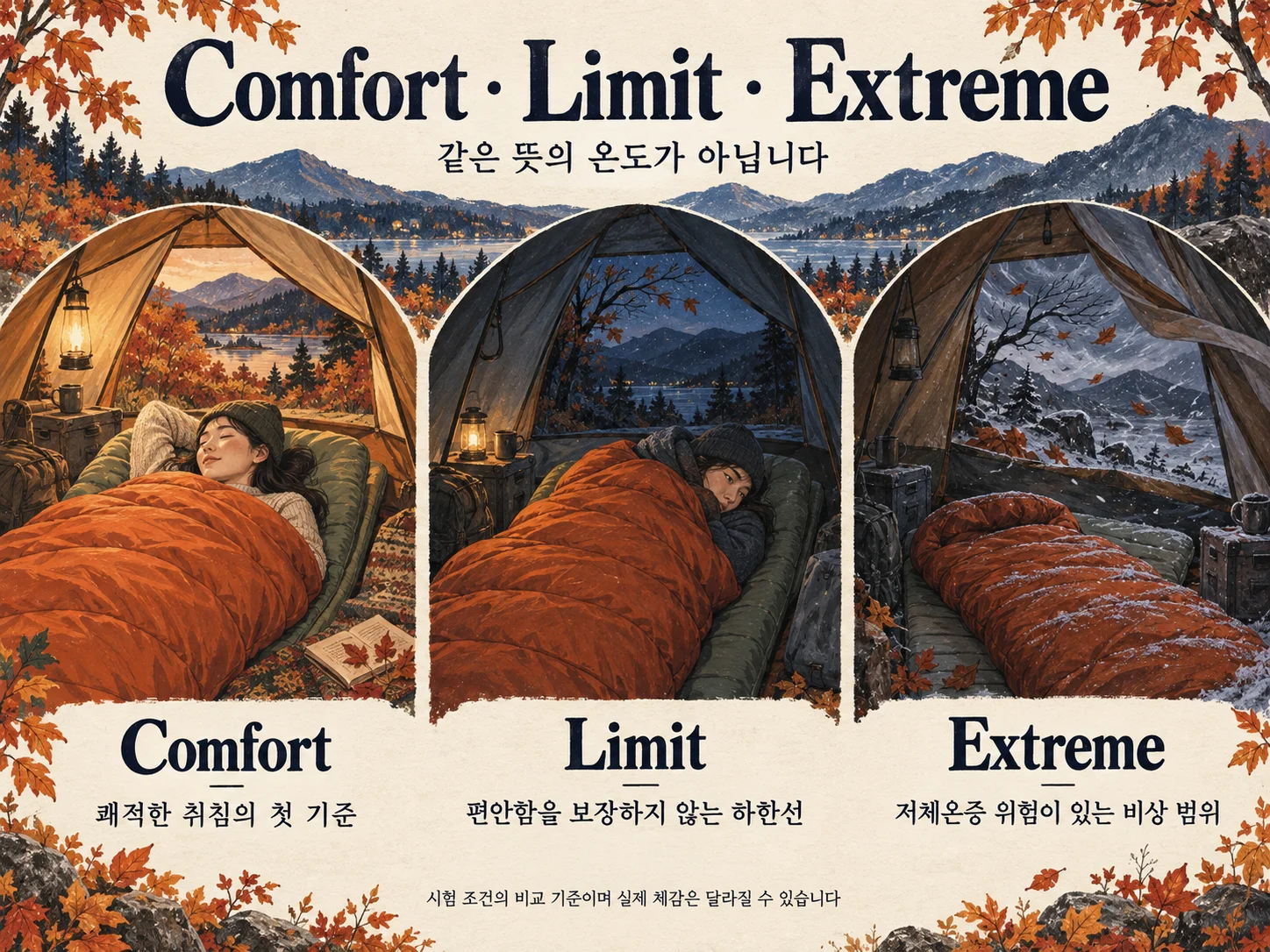 침낭 Comfort·Limit·Extreme 온도 등급 비교