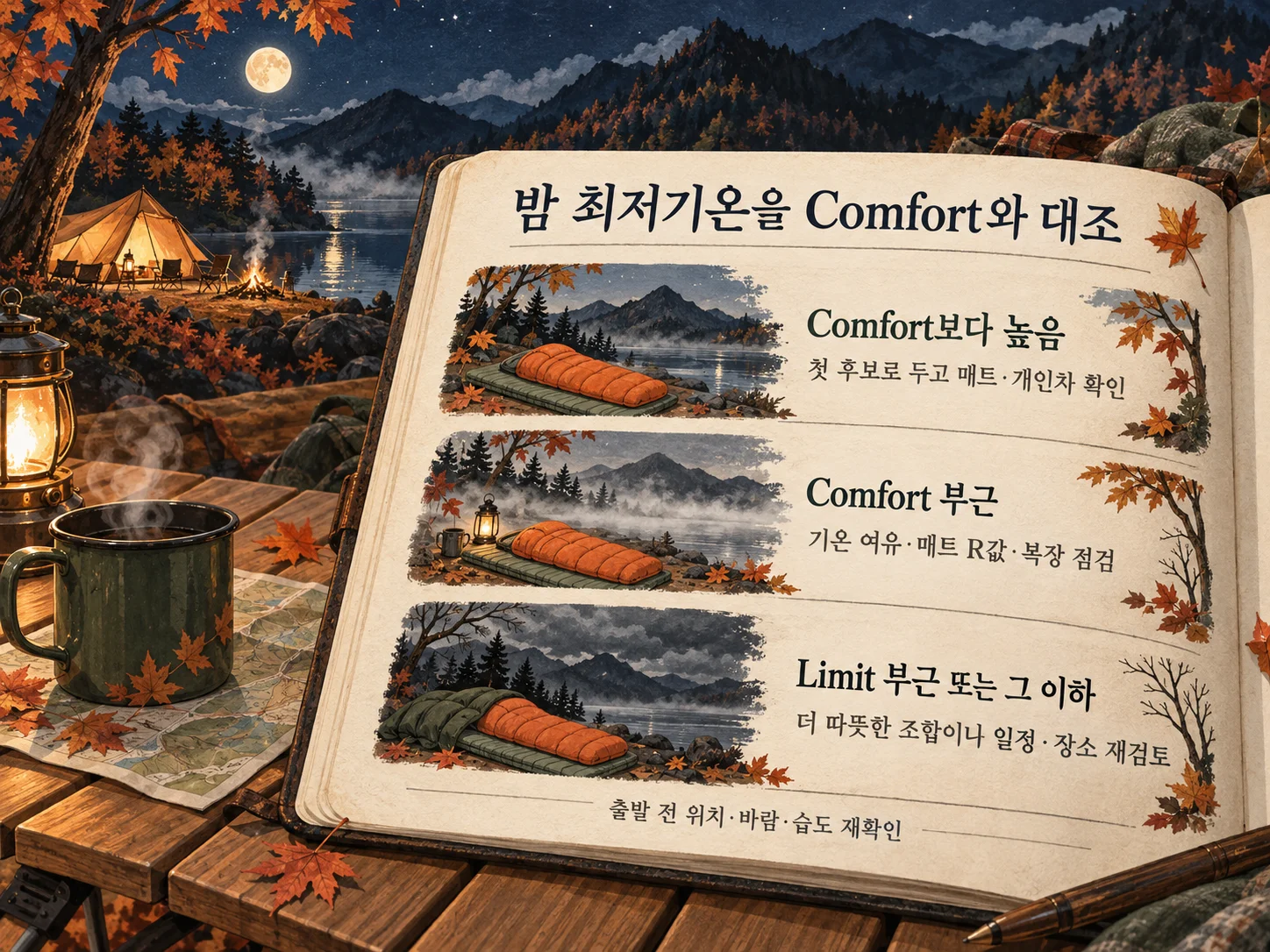 가을 캠핑 야영지 최저기온과 침낭 Comfort 대조