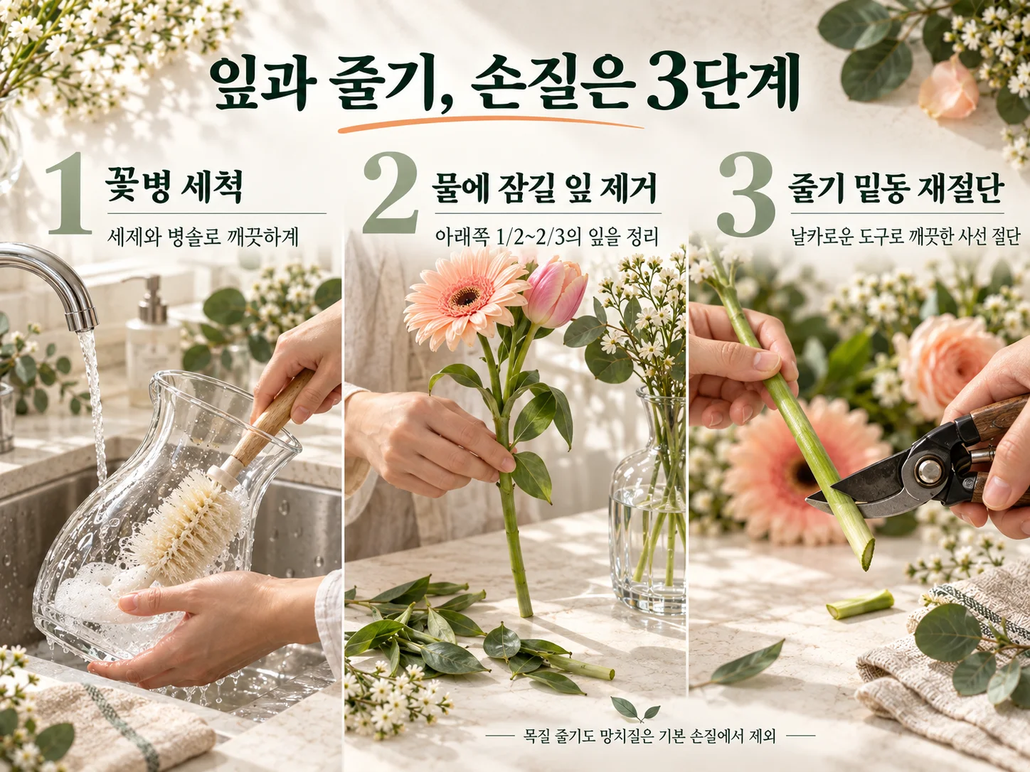 - 꽃병에 꽂기 전 절화 줄기 재절단과 물에 잠길 잎 제거