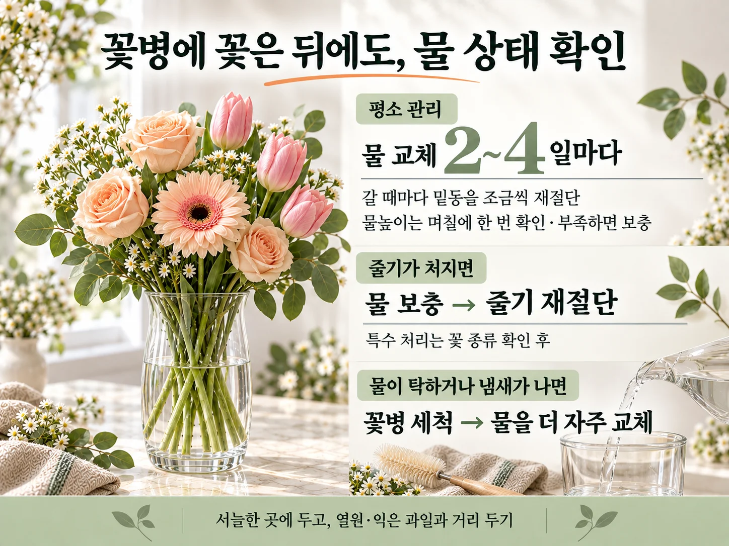 - 꽃병 물 관리와 처진 절화 회복 체크 방법