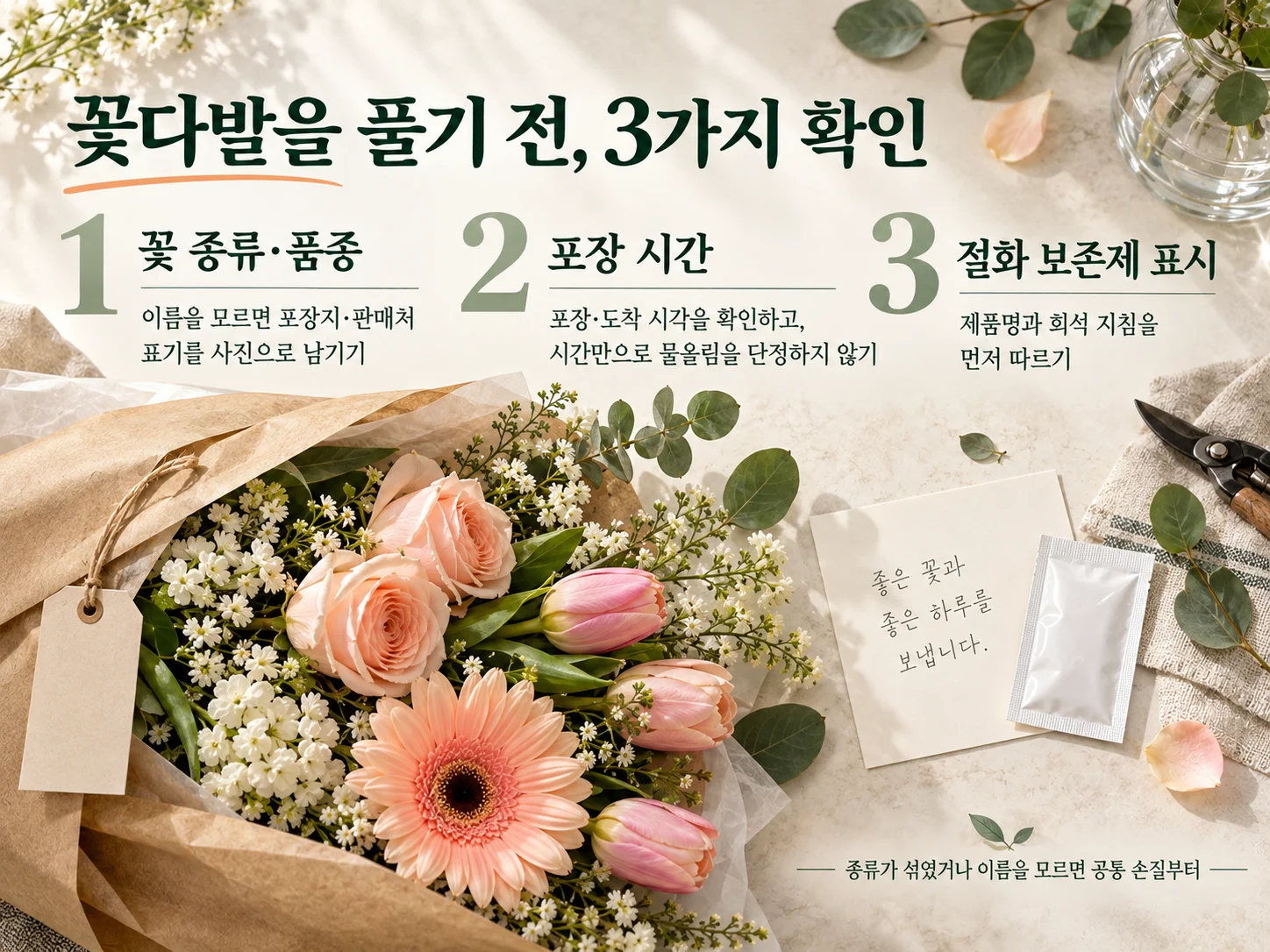 - 절화 물올림 전 포장지와 꽃 종류를 확인하는 과정