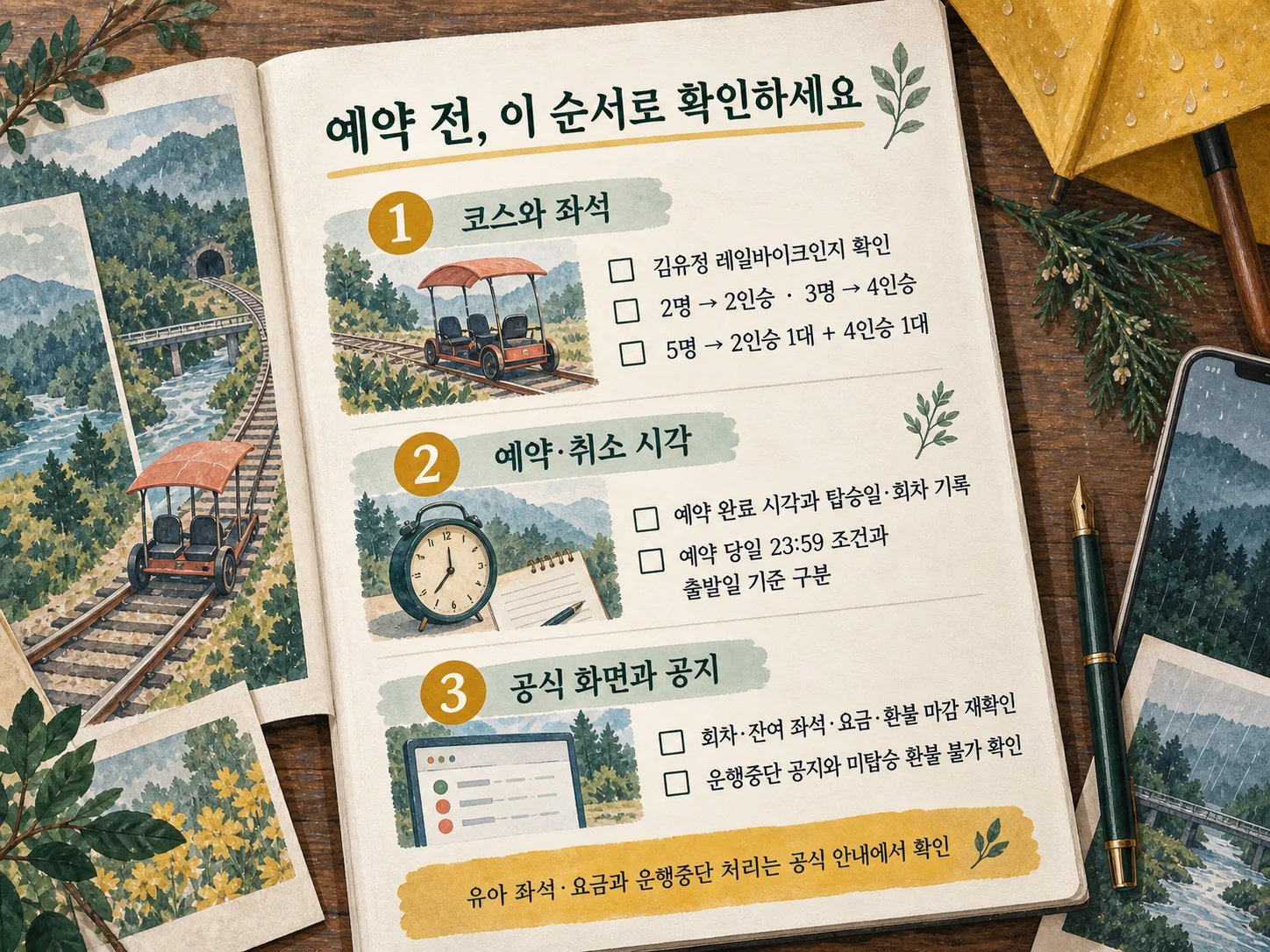 우천 레일바이크 예약 전 좌석·환불·운행 여부 확인표
