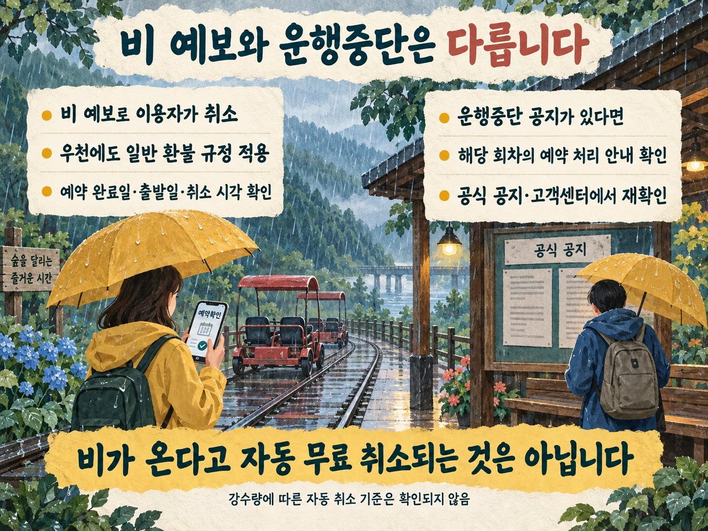 우천 시 강촌레일파크 환불 규정과 운행중단 공지 확인