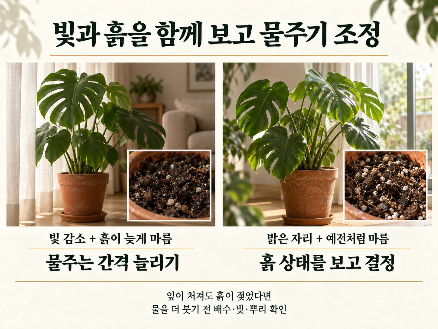 빛 감소에 따른 몬스테라 가을 물주기 판단