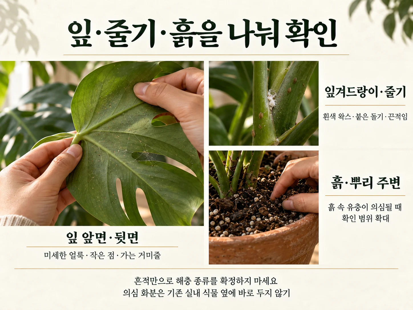 몬스테라 잎·줄기·흙 해충 흔적 점검