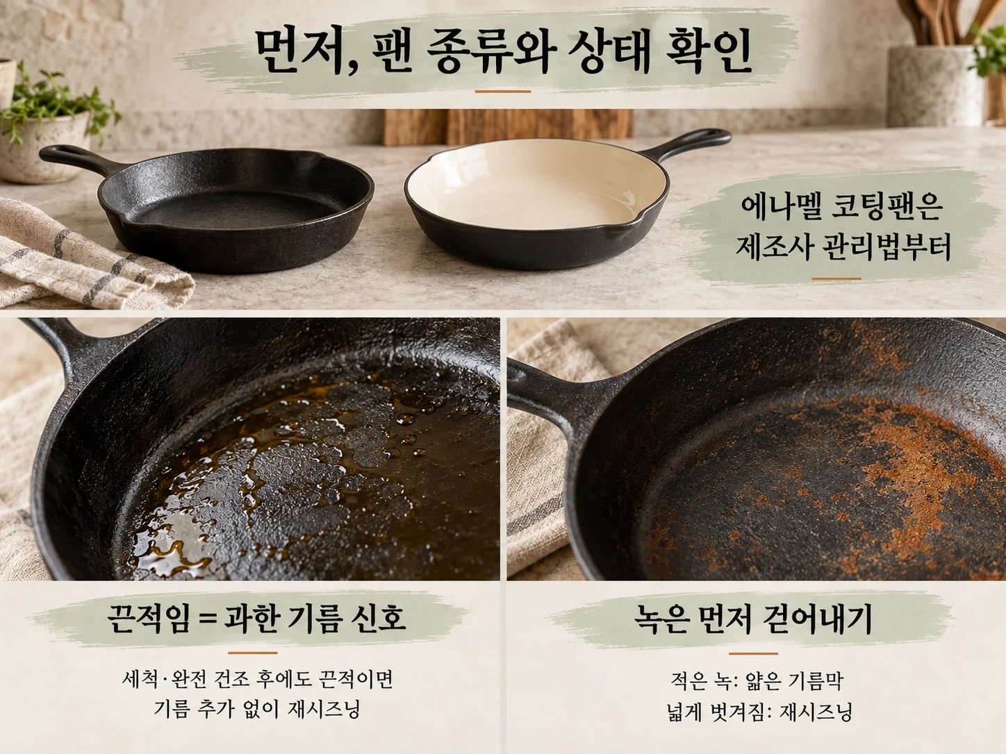 무쇠팬 시즈닝 상태별 끈적임과 녹 점검.