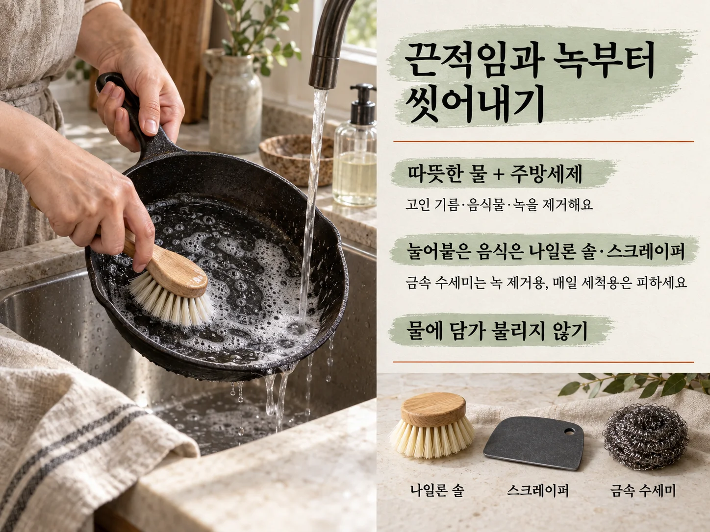 무쇠팬 녹과 과한 기름을 씻어내는 세척 순서.