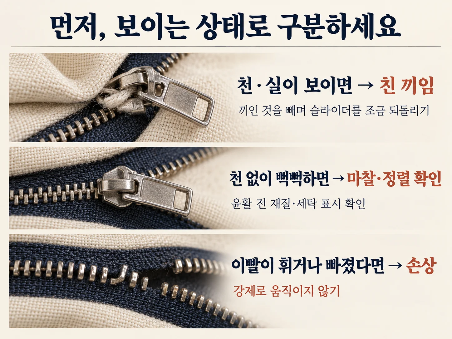 지퍼 천 끼임·마찰·이빨 손상을 구분하는 확인표