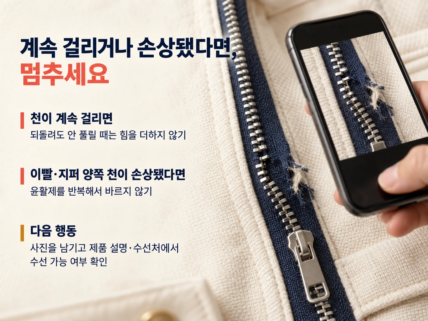 이빨 손상 지퍼를 멈추고 수선 여부를 확인하는 기준