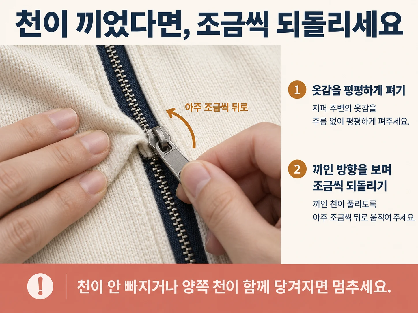 천 끼임 지퍼를 슬라이더 방향으로 되돌리는 방법