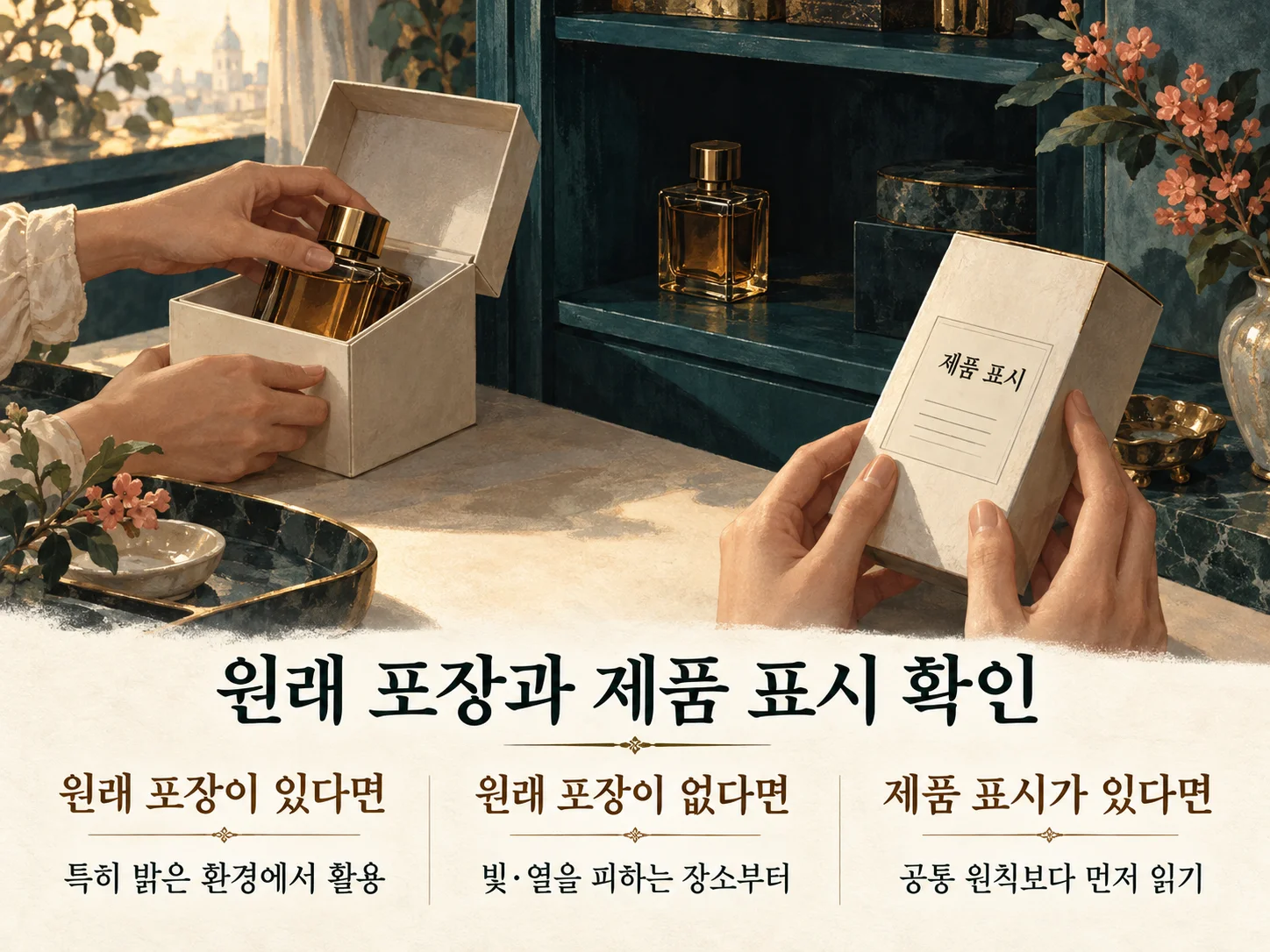 원래 포장과 제품 표시를 확인하는 향수 보관 기준