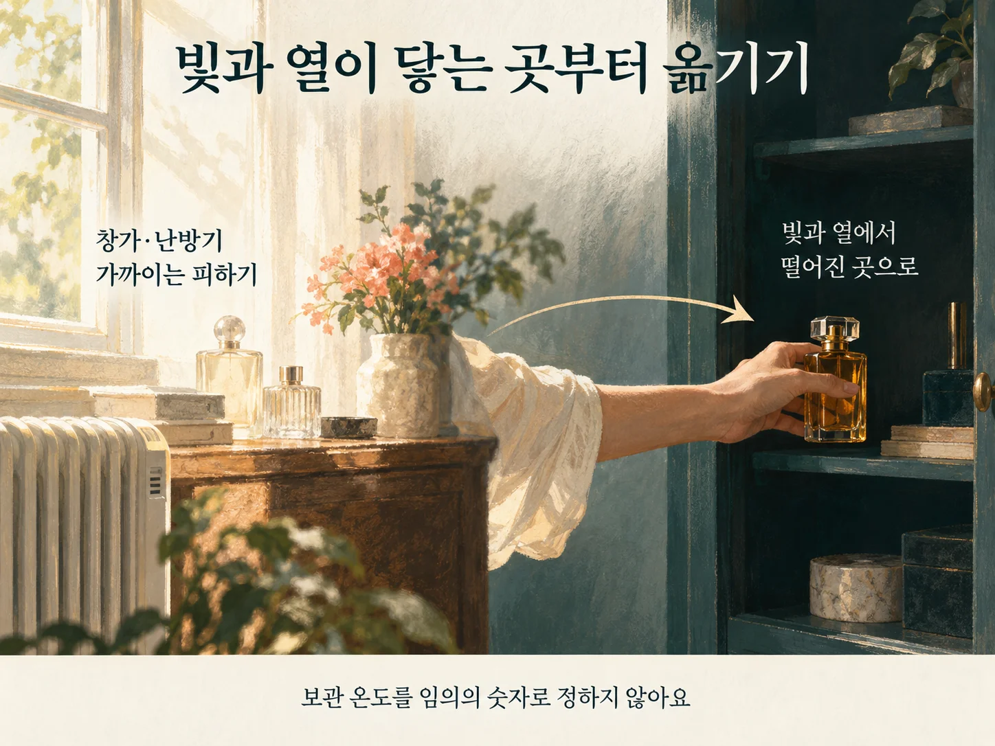 빛과 열을 피해 향수 보관 장소를 옮기는 모습