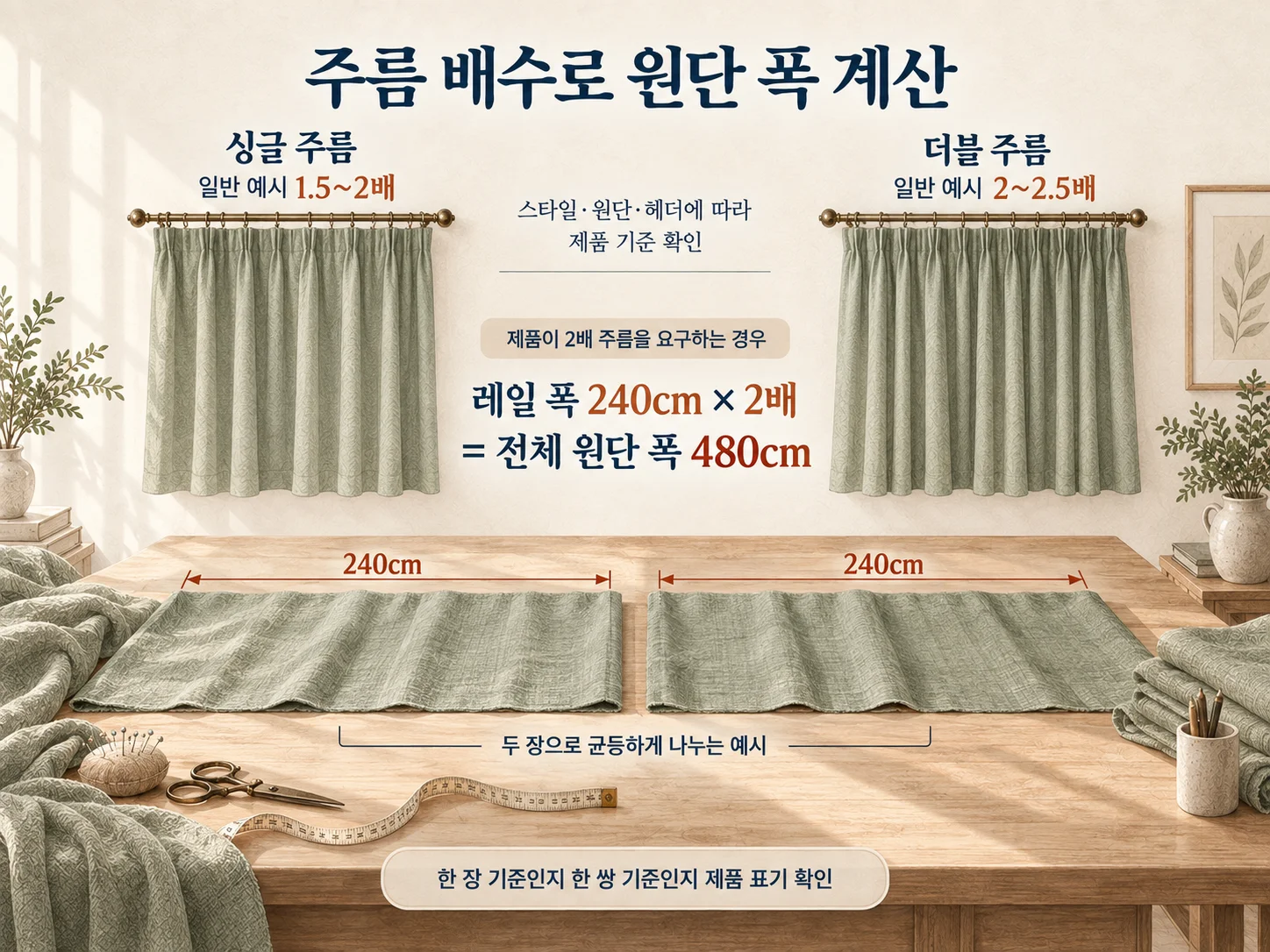 주름 배수에 따라 필요한 커튼 원단 폭을 계산하는 방법