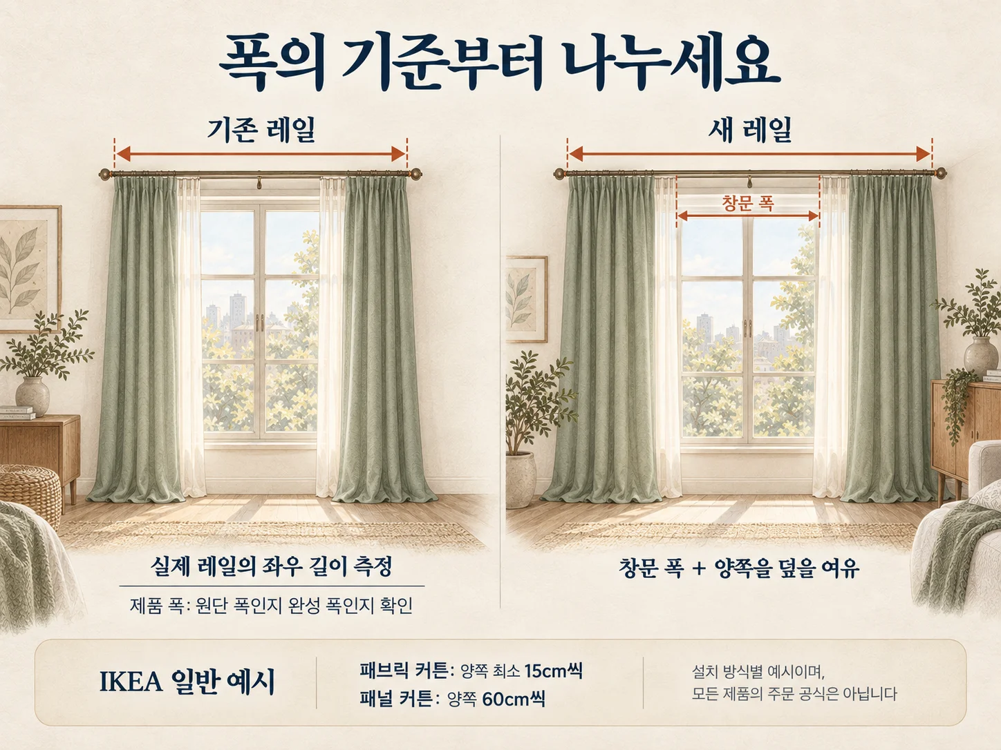 커튼 레일 폭을 기준으로 창문 양옆 여유를 확인하는 실측