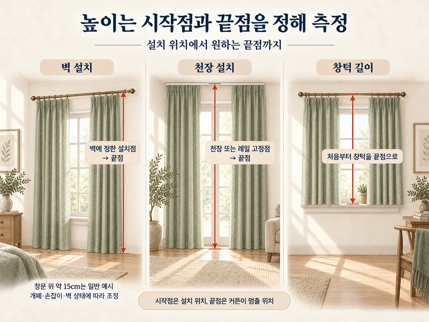 벽·천장 레일 설치 위치에서 커튼 높이를 재는 기준