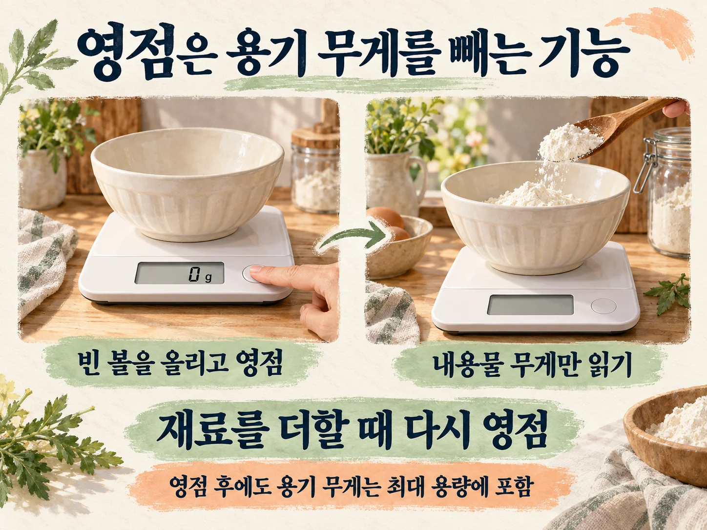 용기를 올린 주방저울에서 영점 tare 기능으로 재료 무게만 재는 모습
