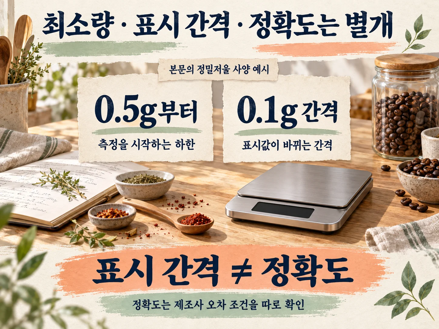 주방저울 최소 측정량과 0.1g 표시 단위의 차이를 보여 주는 비교 이미지