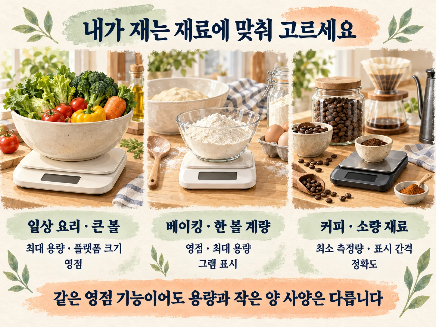 베이킹·커피·일상 요리 용도별 주방저울 선택 기준 비교 이미지