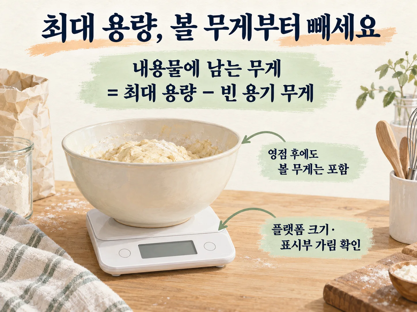 주방저울 최대 용량에서 빈 용기 무게를 뺀 내용물 계량 가능 무게 안내